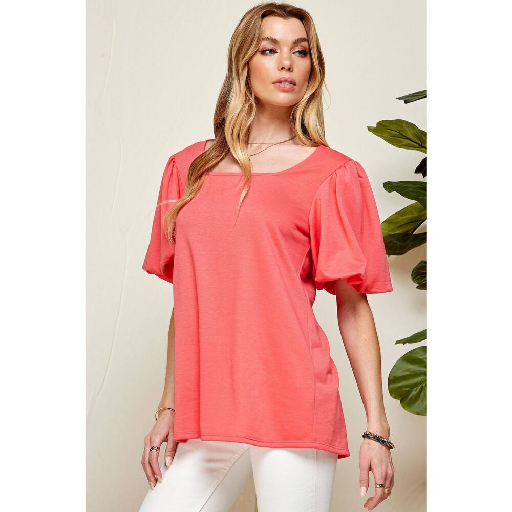 SPT5094 - WOMEN PUFF SHORT SLEEVE SQUARE NECK TOP: CORAL / M